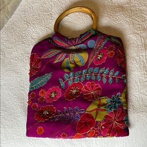 Floral Patterned Women's Bag with Bamboo Handle